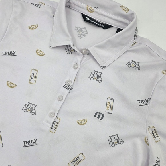 Travis Mathew Tops - TRAVIS MATHEW TRULY HARD SELTZER GOLF POLO WOMENS LARGE WHITE AOP DRINK COLLAB